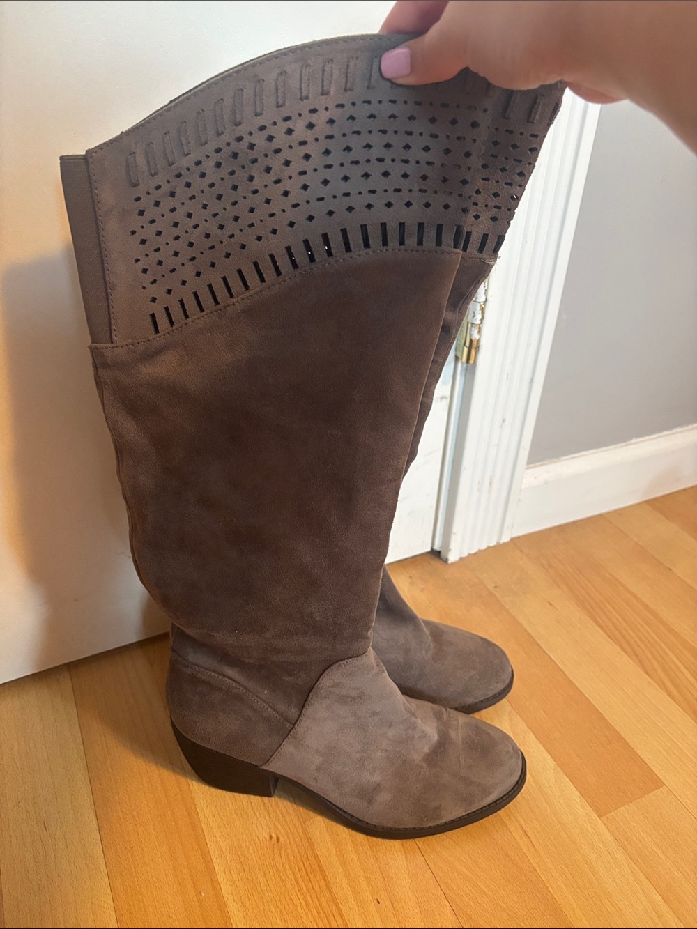 Francesca's Collections Taupe Suede Tall Heeled Boots with Perforated Cuff